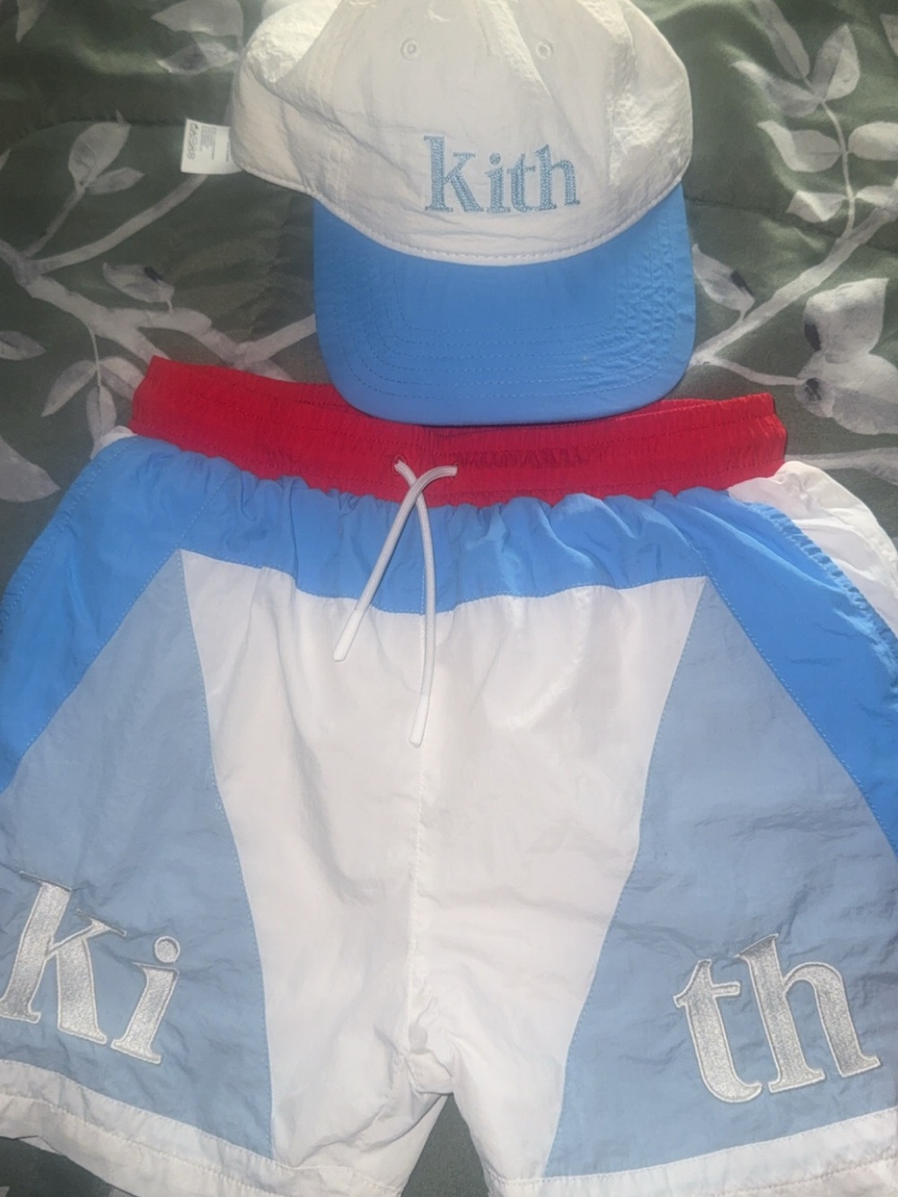 Kith White, Light Blue & Red Kids Hat and Swim Shorts Set